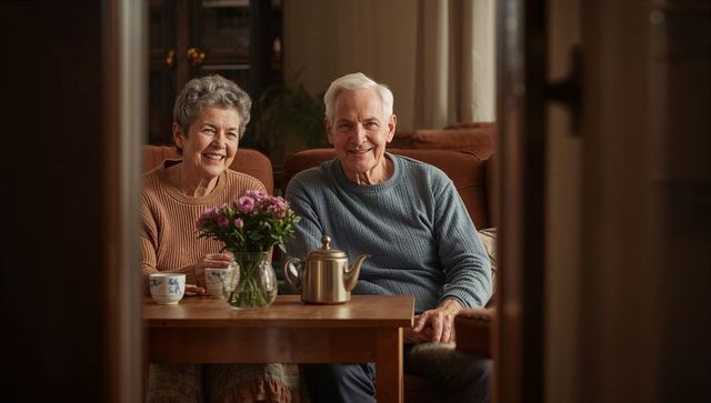 Senior couple smiling and sipping tea on cozy living room sofa with teapot and flowers
