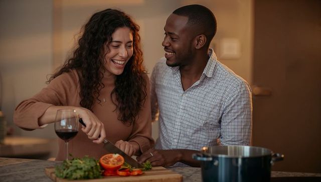 Happy couple preparing meal together in cozy kitchen