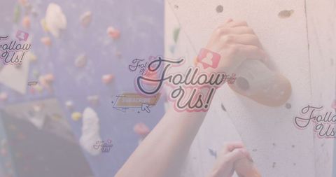 Fit woman climbing in gym with social media overlay concepts