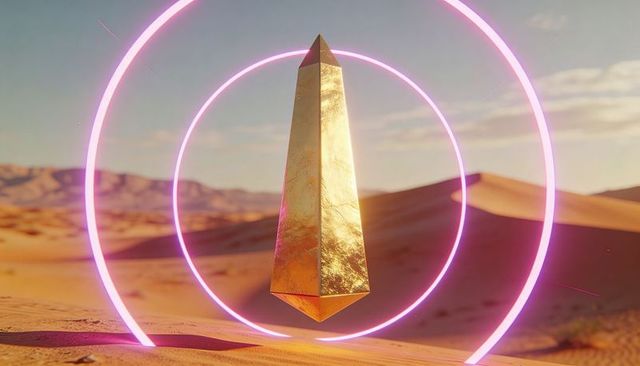Golden obelisk levitating amid neon pink rings over rippled desert sand at sunset