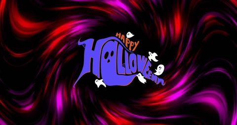 Happy halloween purple lettering floating with ghosts on vivid magenta and red vortex background