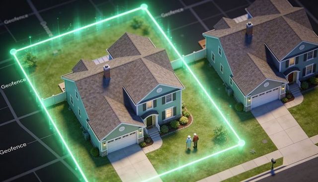 Two-story suburban home inside neon geofence, seniors standing on lawn with cane