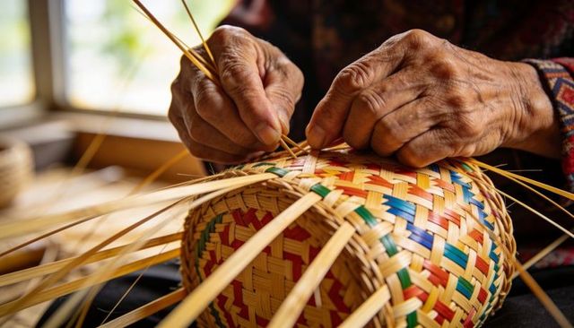 Skilled senior hands weaving colorful rattan basket by sunlit window, traditional craft