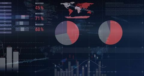 Futuristic HUD Analytics Dashboard Showing Live Charts, World Map, Pie and Candlestick Visuals