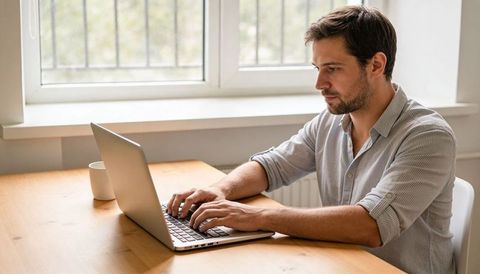 Focused man typing on laptop at sunlit minimalist home office desk for remote work productivity