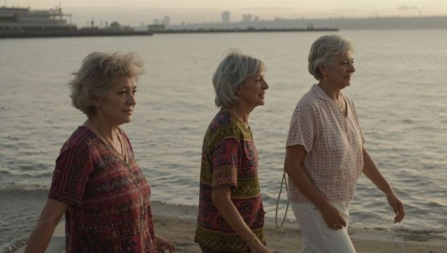 Three senior women walking along harbor at sunset, golden hour coastal stroll