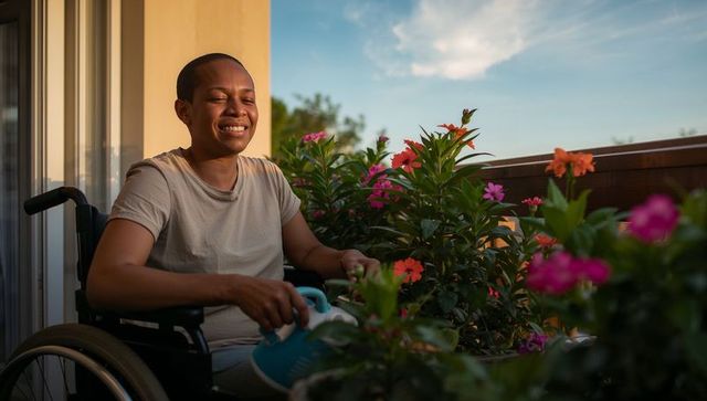 Smiling man in wheelchair tending balcony flowers with watering can at golden hour