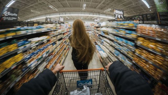 Pushing shopping cart behind woman walking down busy supermarket aisle with motion blur