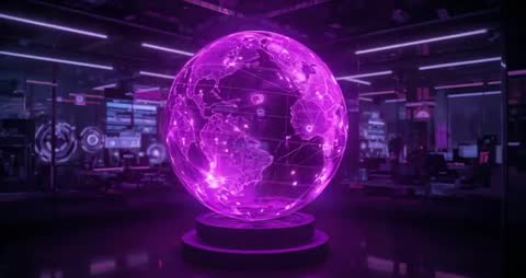 Holographic Globe Rotating in High-Tech Command Center