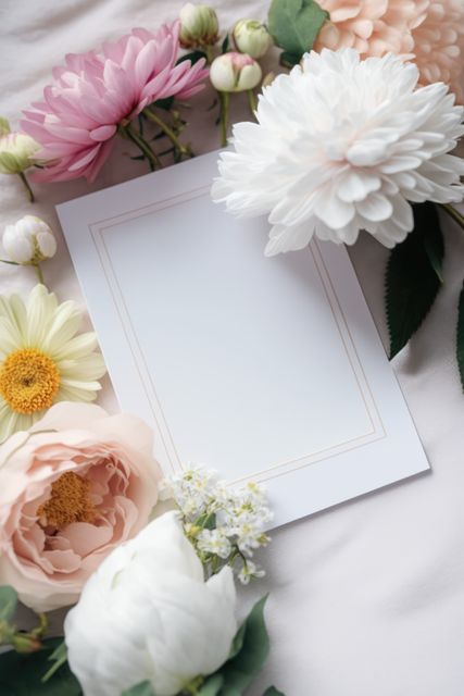 Blank card surrounded by pastel flowers featuring elegant white, pink, and yellow blooms. Perfect for use in wedding invitations, greeting cards, thank you notes, bridal shower invitations, or any elegant stationery design. The soft colors and floral arrangement add a delicate, feminine touch.