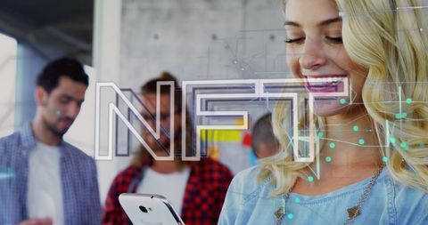 Smiling woman engaged with nft technology on smartphone