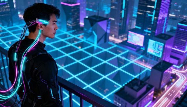 Standing Asian man wearing neural headset overlooking neon grid cyberpunk metropolis night