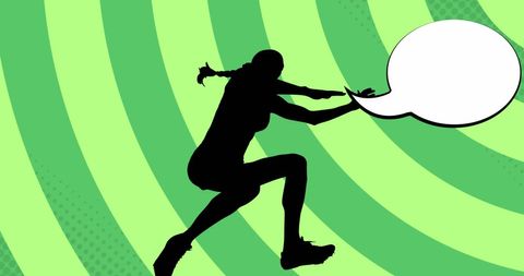 Silhouette of Athletic Woman with Speech Bubble on Green Patterned Background