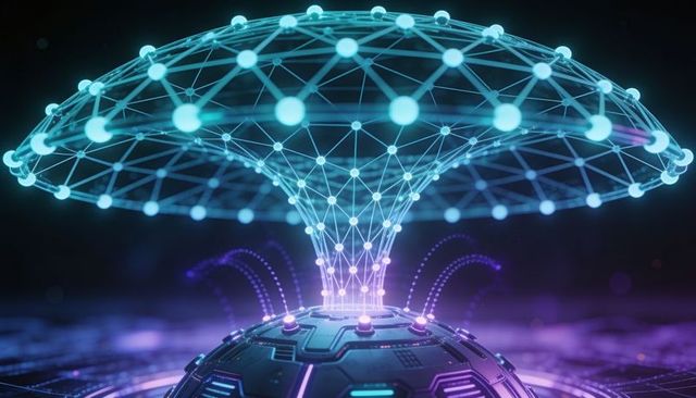 Holographic network canopy projecting from futuristic spherical core in cyan and violet