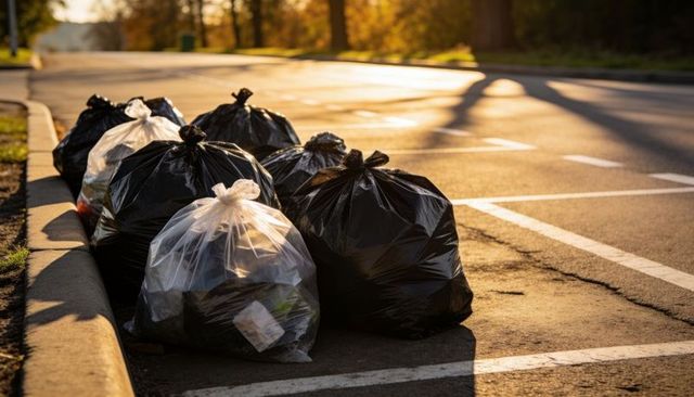 Garbage bags lining suburban curb at golden hour showing clear bag with recyclables