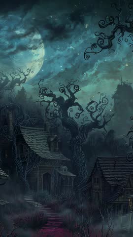 Full Moon Rising Over Twisted Trees in Abandoned Hamlet Vertical Eerie Nightscape