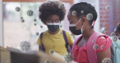 Masked children checking in at school reception with virus particles floating around