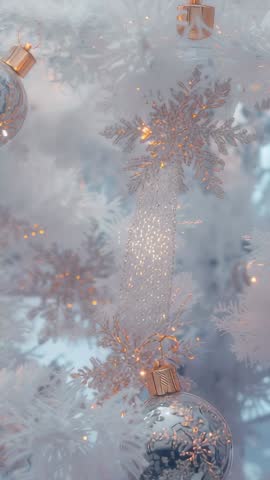 Swaying snowflake and glass bauble on white tree with warm amber lights vertical clip