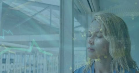 Caucasian Businesswoman Visualizing Digital Connections in Office