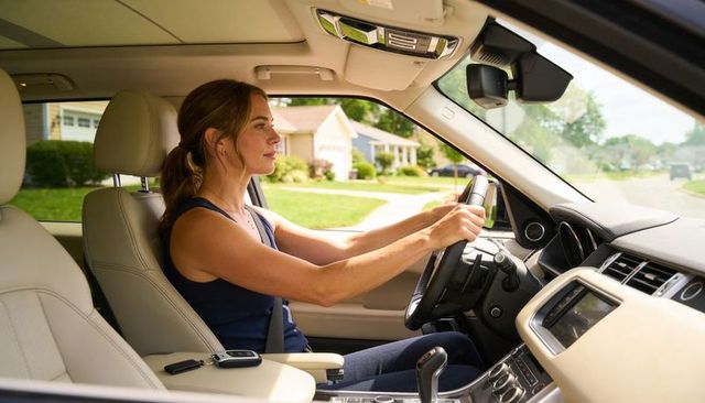Driving midlife woman buckled seatbelt gripping wheel in sunlit suburban suv commute calm