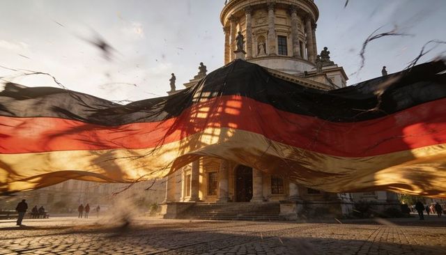 Billowing german tricolor draping across neoclassical dome plaza at golden hour