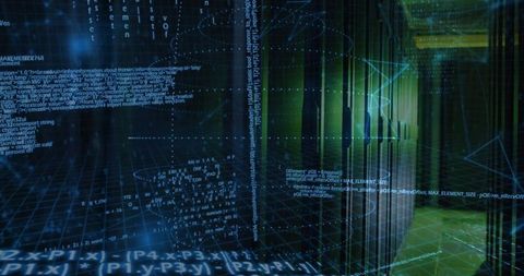 Streaming Holographic Code Through Cyber Data Center Corridor with Glowing Server Racks