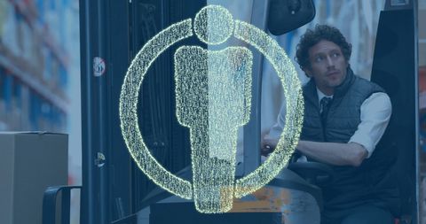 Caucasian Male Warehouse Worker with Digital Interface Graphic