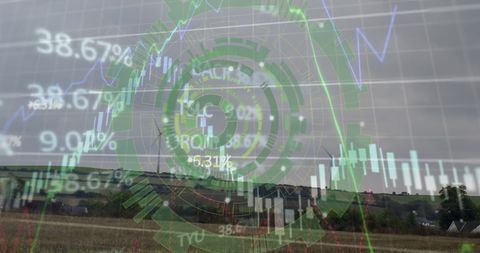 Financial Data Overlay on Wind Turbine Landscape Visualizing Global Business