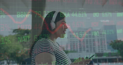 Woman Using Smartphone with Financial Data Overlay Outdoors