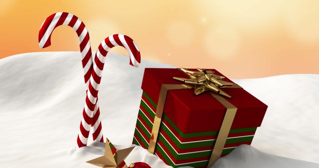 Festive Candy Canes and Gift Box on Snowy Landscape - Download Free Stock Images Pikwizard.com