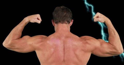 Muscular back flexing with lightning symbols for strength