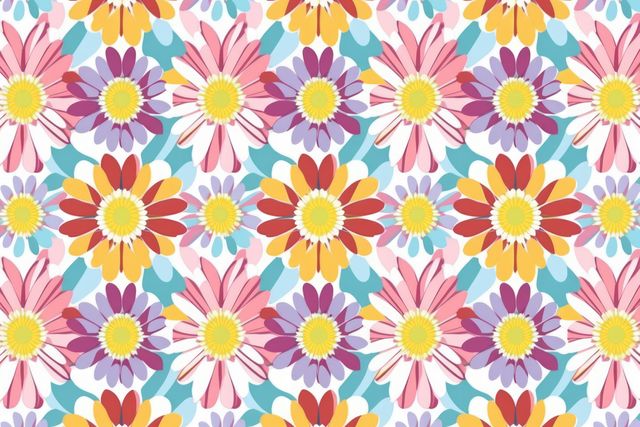 Vibrant seamless floral pattern featuring colorful abstract flowers in pink, purple, yellow, and blue. Perfect for use in fabric design, wallpaper, stationery, and background elements in creative projects. Ideal for adding a lively and cheerful touch to any visual design.