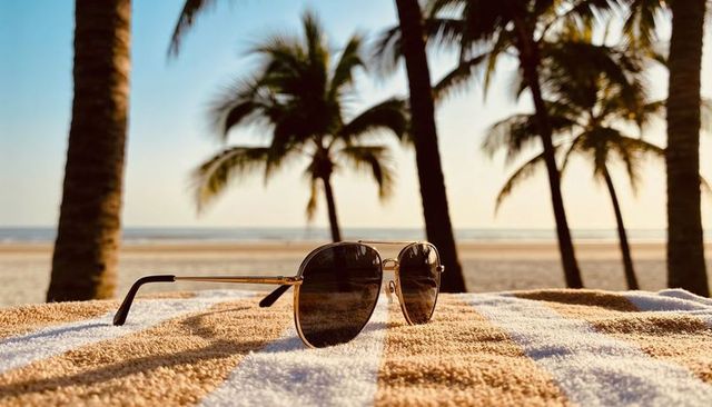 Aviator sunglasses catching golden sunrise light on striped beach towel with palm trees