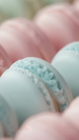 Vertical macro video revealing pastel blue macaron sliding into focus among pink shells