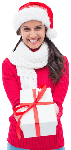 Woman in Santa Hat Offering Christmas Gift on Transparent Background