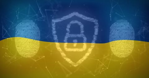 Digital security fingerprints on ukraine flag background