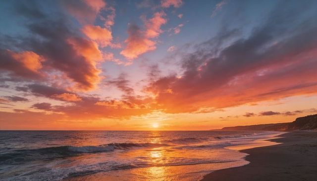 Vibrant Coastal Sunset with Golden Sun Reflection, Rolling Waves and Dramatic Colorful Clouds