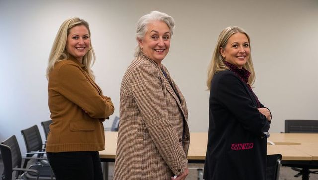 Three professional women smiling and standing confident in boardroom wearing blazers