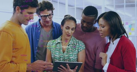 Diverse Tech Team Collaborating on Tablet with Code Overlay