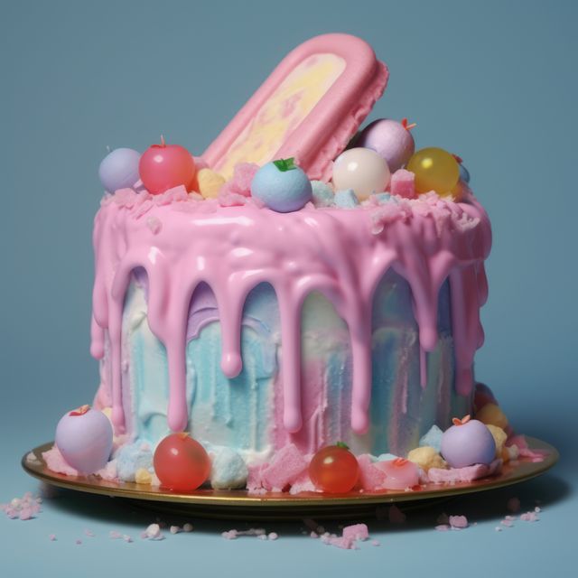 Ice cream cake with pink icing and sweets on top, created using generative ai technology. Cake, celebration, treat, sweet food and deserts concept digitally generated image.