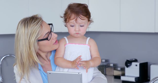 Woman with Glasses Holding Baby Girl Looking at Tablet in Kitchen - Download Free Stock Images Pikwizard.com