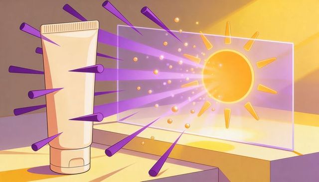 Sun-guarded skincare tube catching uv-blocking rays with golden dust backlit display