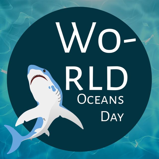 Digital composite image of world oceans day text with shark symbol on blue water. creative, symbolism and awareness concept.