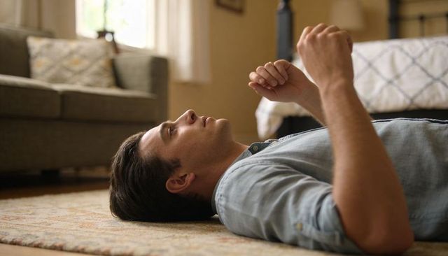 Young man lying on rug in sunlit bedroom-living area, relaxing and reflecting