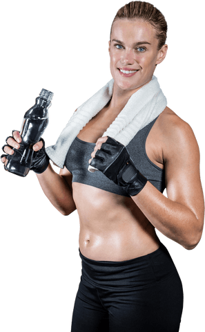 Fit and Muscular Woman with Water Bottle on Transparent Background