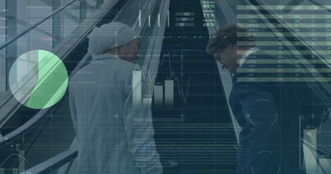 Global business strategy discussion with financial data visualization