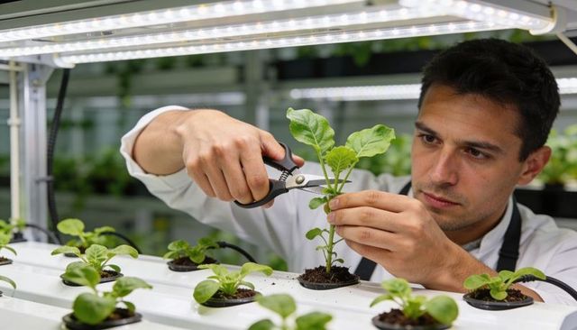 Horticulture technician trimming hydroponic seedlings under led grow lights in lab
