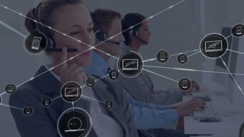 Businesswoman Using Headset with Digital Network Icons Overlay