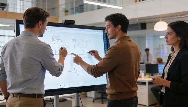 Collaborating around touchscreen display annotating workflow diagram in modern office
