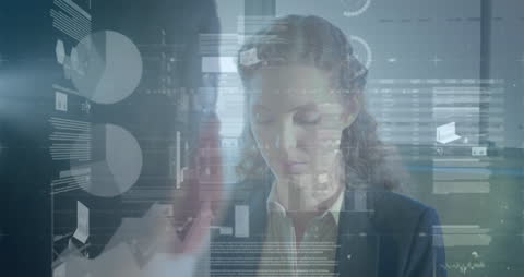 Businesswoman Analyzing Holographic Financial Data Interface